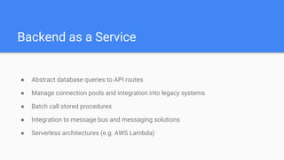 Backend as a Service
● Abstract database queries to API routes
● Manage connection pools and integration into legacy systems
● Batch call stored procedures
● Integration to message bus and messaging solutions
● Serverless architectures (e.g. AWS Lambda)
 