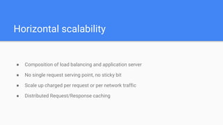 Horizontal scalability
● Composition of load balancing and application server
● No single request serving point, no sticky bit
● Scale up charged per request or per network traffic
● Distributed Request/Response caching
 