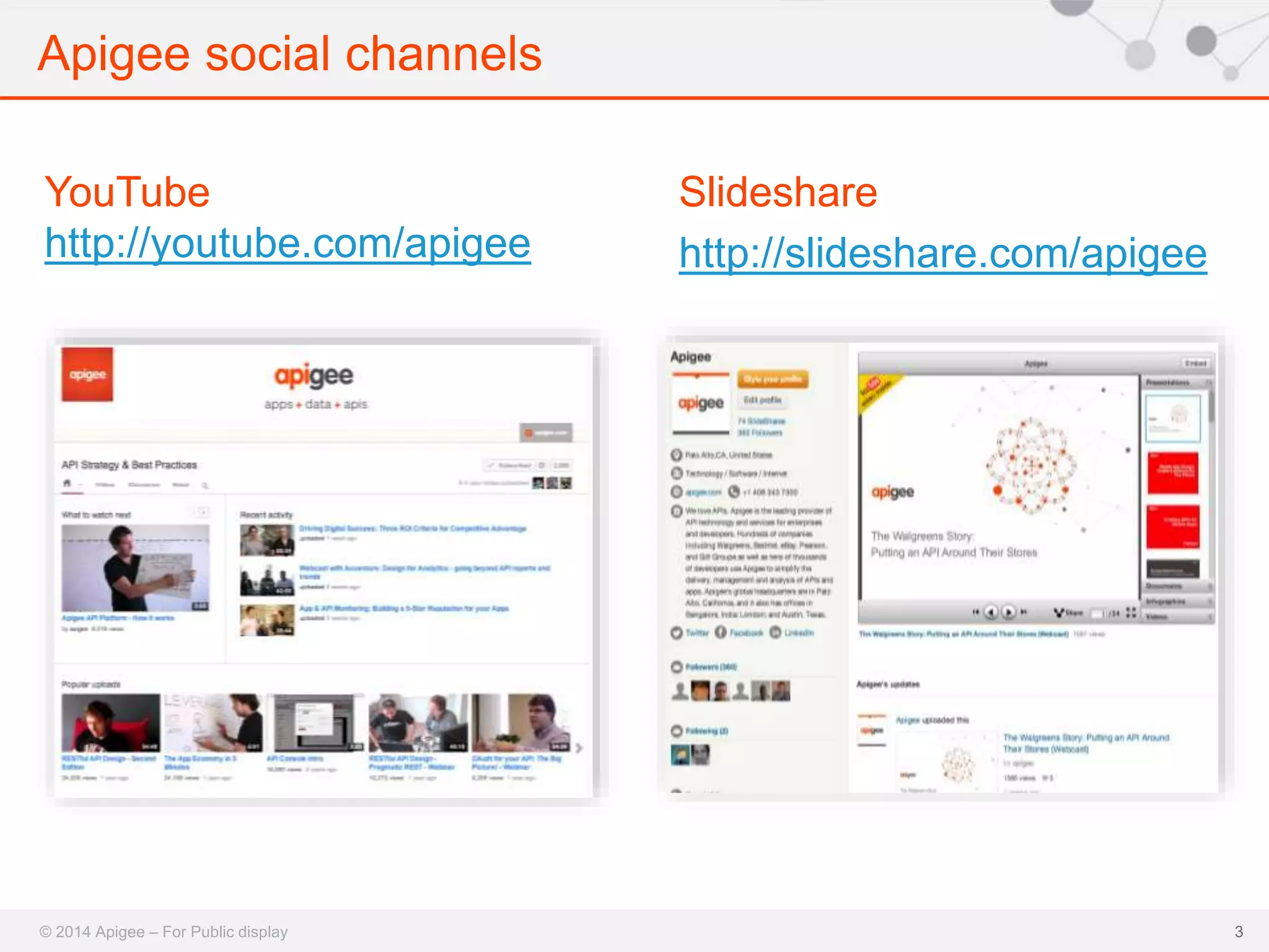Apigee social channels 
© 2014 Apigee – For Public display 
3 
YouTube 
http://youtube.com/apigee 
Slideshare 
http://slideshare.com/apigee 
 