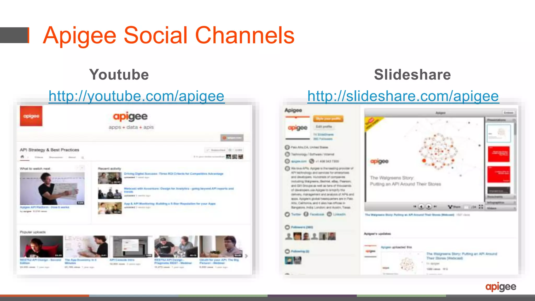 Apigee Social Channels 
Youtube Slideshare 
http://youtube.com/apigee http://slideshare.com/apigee 
 