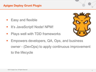  Easy and flexible 
 It’s JavaScript! Node! NPM! 
 Plays well with TDD frameworks 
 Empowers developers, QA, Ops, and business 
owner - (DevOps) to apply continuous improvement 
to the lifecycle 
©2014 Apigee Corp. All Rights Reserved. 
8 
Apigee Deploy Grunt Plugin 
 