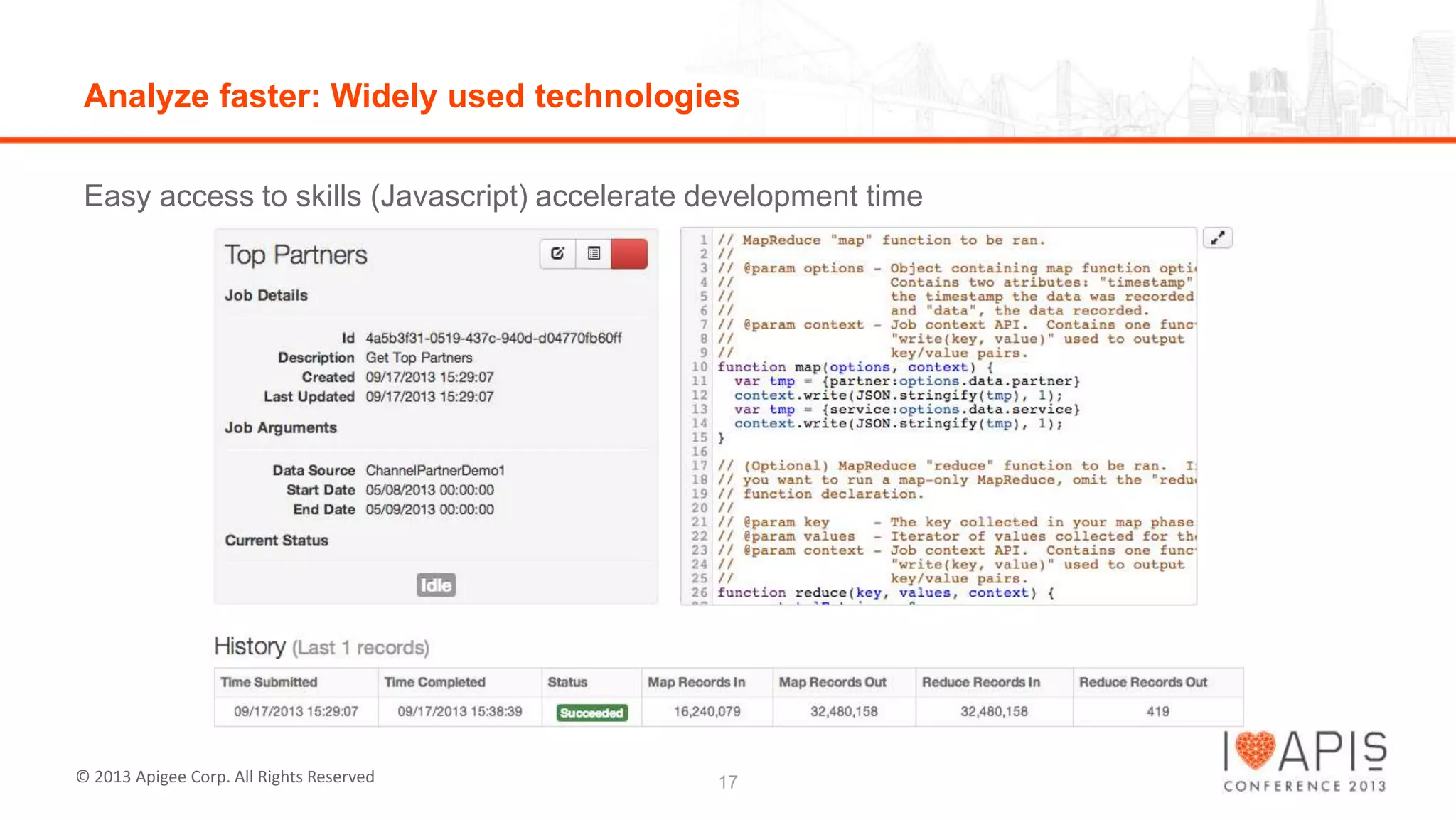 Analyze faster: Widely used technologies
Easy access to skills (Javascript) accelerate development time

© 2013 Apigee Corp. All Rights Reserved

17

 