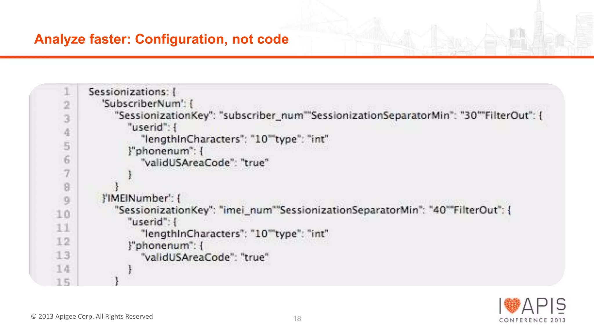 Analyze faster: Configuration, not code

© 2013 Apigee Corp. All Rights Reserved

18

 
