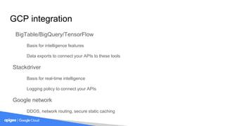 GCP integration
BigTable/BigQuery/TensorFlow
Basis for intelligence features
Data exports to connect your APIs to these tools
Stackdriver
Basis for real-time intelligence
Logging policy to connect your APIs
Google network
DDOS, network routing, secure static caching
 