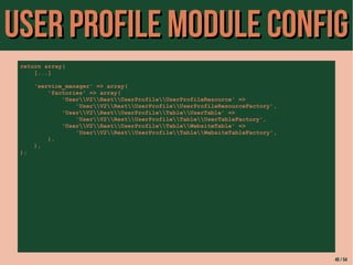 UUsseerr PPrrooffiillee MMoodduullee CCoonnffiigg 
return array( 
[...] 
'service_manager' => array( 
'factories' => array( 
'UserV2RestUserProfileUserProfileResource' => 
'UserV2RestUserProfileUserProfileResourceFactory', 
'UserV2RestUserProfileTableUserTable' => 
'UserV2RestUserProfileTableUserTableFactory', 
'UserV2RestUserProfileTableWebsiteTable' => 
'UserV2RestUserProfileTableWebsiteTableFactory', 
), 
), 
); 
49 / 54 
 