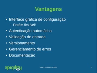 PHP Conference 2015 5
Vantagens
● Interface gráfica de configuração
– Porém flexível!
● Autenticação automática
● Validação de entrada
● Versionamento
● Gerenciamento de erros
● Documentação
 
