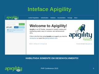 PHP Conference 2015 6
Inteface Apigility
HABILITADA SOMENTE EM DESENVOLVIMENTO!
 