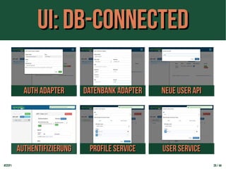 UI: DB-connectedUI: DB-connected
Auth AdapterAuth Adapter Datenbank AdapterDatenbank Adapter Neue User APINeue User API
AuthentifizierungAuthentifizierung Profile ServiceProfile Service User ServiceUser Service
#step1 20 / 44
 
