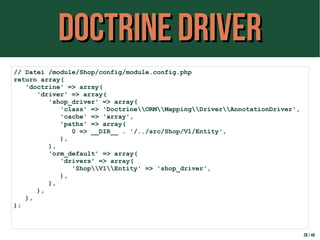 Doctrine DriverDoctrine Driver
28 / 44
// Datei /module/Shop/config/module.config.php
return array(
'doctrine' => array(
'...