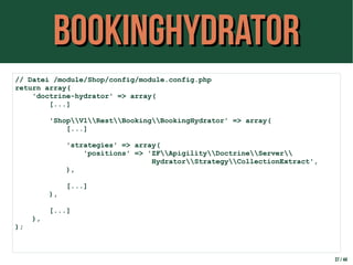 BookingHydratorBookingHydrator
37 / 44
// Datei /module/Shop/config/module.config.php
return array(
'doctrine-hydrator' =>...