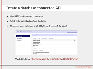 Create a database connected API
Introduction to Apigility
Watch the demo: https://www.youtube.com/watch?v=KYsOCCPrOwE
● Use HTTP verbs to query resources
● Fetch automatically data from the table
● The demo does not show a full CRUD, try it yourself, it’s easy!
 