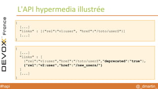 @_dmartin_#hapi
{
[...]
"links" : [{"rel":"v1:user", "href":"/toto/userZ"}]
[...]
}
L'API hypermedia illustrée
{
[...]
"links" : [
{"rel":"v1:user","href":"/toto/userZ","deprecated":"true"},
{"rel":"v2:user","href":"/new_users/"}
]
[...]
}
 