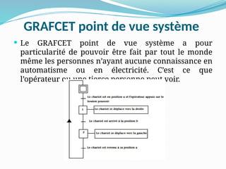 GRAFCET point de vue système
 Le GRAFCET point de vue système a pour
particularité de pouvoir être fait par tout le monde
même les personnes n’ayant aucune connaissance en
automatisme ou en électricité. C’est ce que
l’opérateur ou une tierce personne peut voir.
 