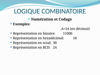 LOGIQUE COMBINATOIRE
 Numération et Codage
 Exemples:
A=24 (en décimal)
.
 Représentation en binaire: 11000
 Représentation en hexadécimal: 18
 Représentation en octal: 30
 Représentation en BCD: 24
 