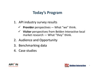 Today’s ProgramToday s Program
1 API industry survey results1. API industry survey results
Provider perspectives — What “we” think.
Visitor perspectives from Belden Interactive localVisitor perspectives from Belden Interactive local
market research — What “they” think.
2. Audience and Opportunity2. Audience and Opportunity
3. Benchmarking data
4 Case studies4. Case studies
Belden Interactive 4
 