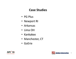 Case StudiesCase Studies
• PG Plus
• Newport RI
• Arkansas• Arkansas
• Lima OH
• Kankakee
• Manchester, CT
• GoErie
Belden Interactive 76
 