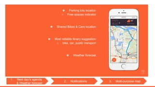 3. Multi-purpose map2. Notifications
1. Next days agenda
& Weather forecast
 Parking lots location
 Free spaces indicator
 Shared Bikes & Cars location
 Most reliable itinary suggestion
 bike, car, public transport
 Weather forecast
 