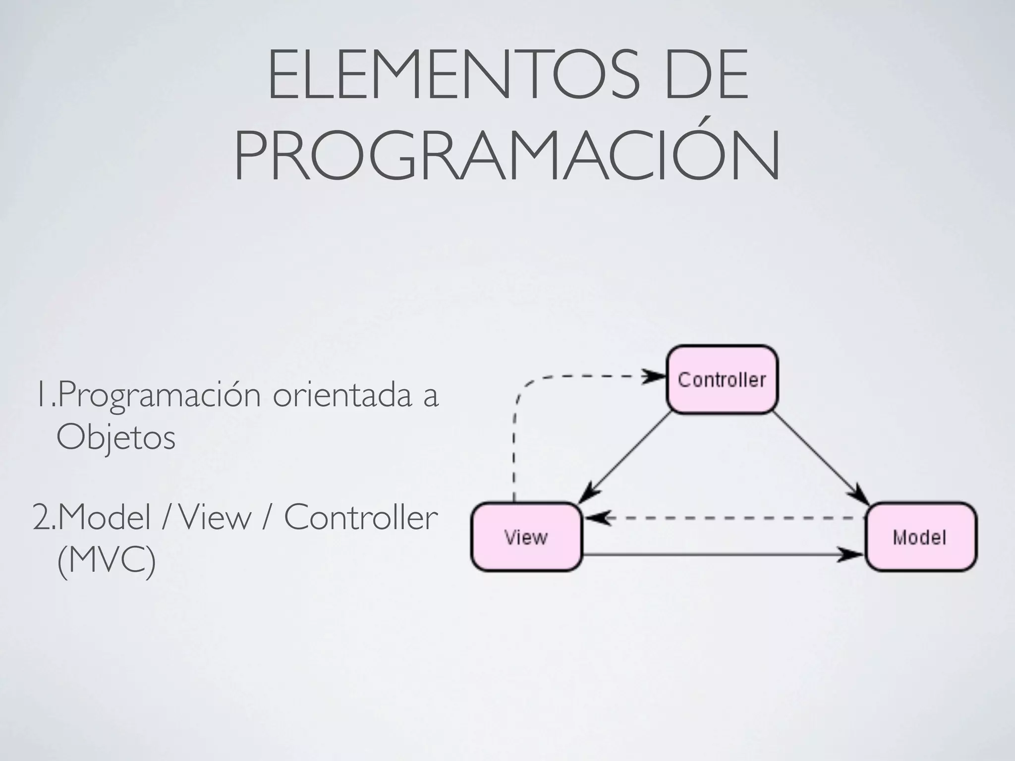 ELEMENTOS DE
             PROGRAMACIÓN


1.Programación orientada a
  Objetos

2.Model / View / Controller
  (MVC)
 