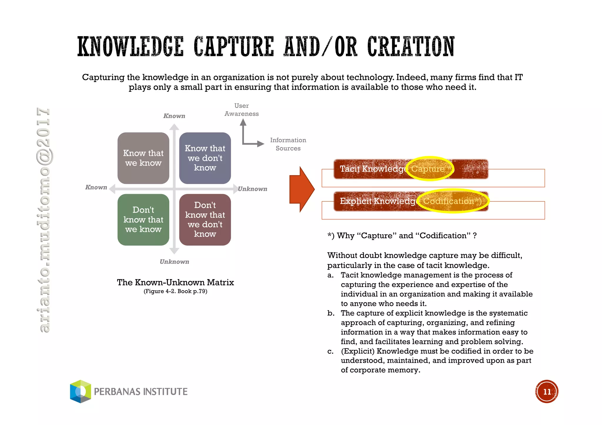 arianto.muditomo@2017
Capturing the knowledge in an organization is not purely about technology. Indeed, many firms find that IT
plays only a small part in ensuring that information is available to those who need it.
11
Know that
we know
Know that
we don't
know
Don't
know that
we know
Don't
know that
we don't
know
Known
Known
Unknown
Unknown
The Known-Unknown Matrix
(Figure 4-2. Book p.79)
User
Awareness
Information
Sources
Tacit Knowledge Capture *)
Explicit Knowledge Codification*)
*) Why “Capture” and “Codification” ?
Without doubt knowledge capture may be difficult,
particularly in the case of tacit knowledge.
a. Tacit knowledge management is the process of
capturing the experience and expertise of the
individual in an organization and making it available
to anyone who needs it.
b. The capture of explicit knowledge is the systematic
approach of capturing, organizing, and refining
information in a way that makes information easy to
find, and facilitates learning and problem solving.
c. (Explicit) Knowledge must be codified in order to be
understood, maintained, and improved upon as part
of corporate memory.
 