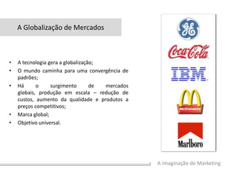 A Imaginação de Marketing
• A tecnologia gera a globalização;
• O mundo caminha para uma convergência de
padrões;
• Há o surgimento de mercados
globais, produção em escala – redução de
custos, aumento da qualidade e produtos a
preços competitivos;
• Marca global;
• Objetivo universal.
A Globalização de Mercados
 