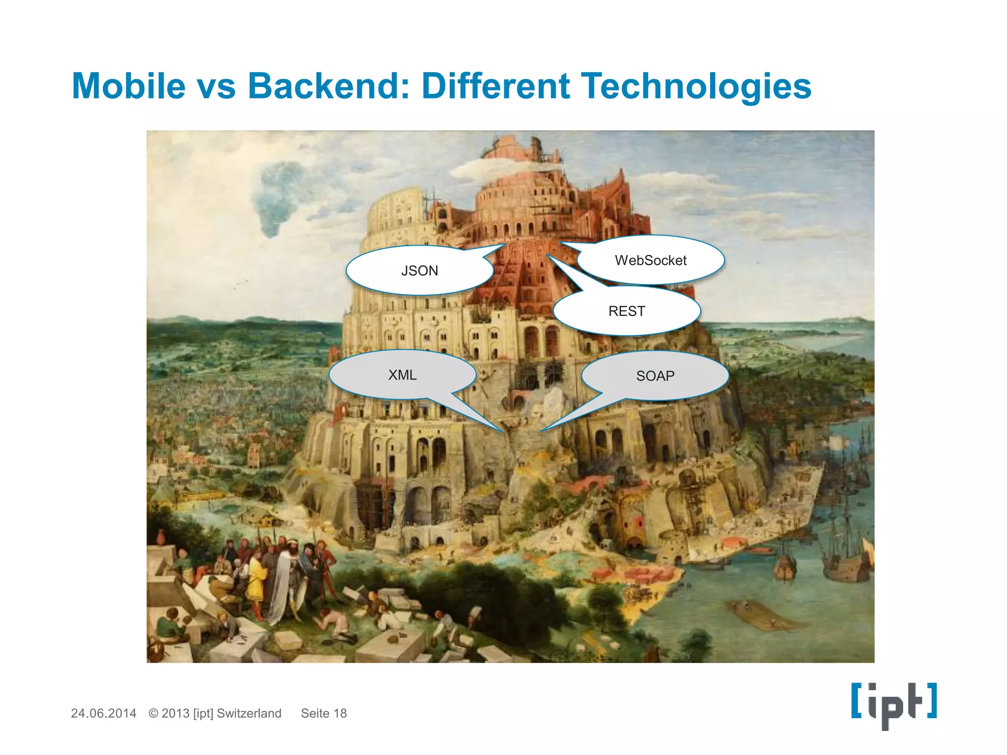 24.06.2014 Seite 18© 2013 [ipt] Switzerland
Mobile vs Backend: Different Technologies
WebSocket
SOAPXML
REST
JSON
 