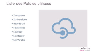 Liste des Policies utilisées
 Xml-to-json
 Xsl-Transform
 Rewrite-Uri
 Set-Method
 Set-Body
 Set-Header
 Set-Variable
 