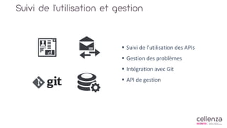 Suivi de l’utilisation et gestion
 Suivi de l’utilisation des APIs
 Gestion des problèmes
 Intégration avec Git
 API de gestion
 