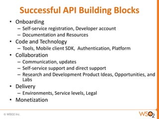 Successful API Building Blocks
• Onboarding
   – Self-service registration, Developer account
   – Documentation and Resources
• Code and Technology
   – Tools, Mobile client SDK, Authentication, Platform
• Collaboration
   – Communication, updates
   – Self-service support and direct support
   – Research and Development Product Ideas, Opportunities, and
     Labs
• Delivery
   – Environments, Service levels, Legal
• Monetization
 
