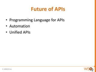 Future of APIs
• Programming Language for APIs
• Automation
• Unified APIs
 