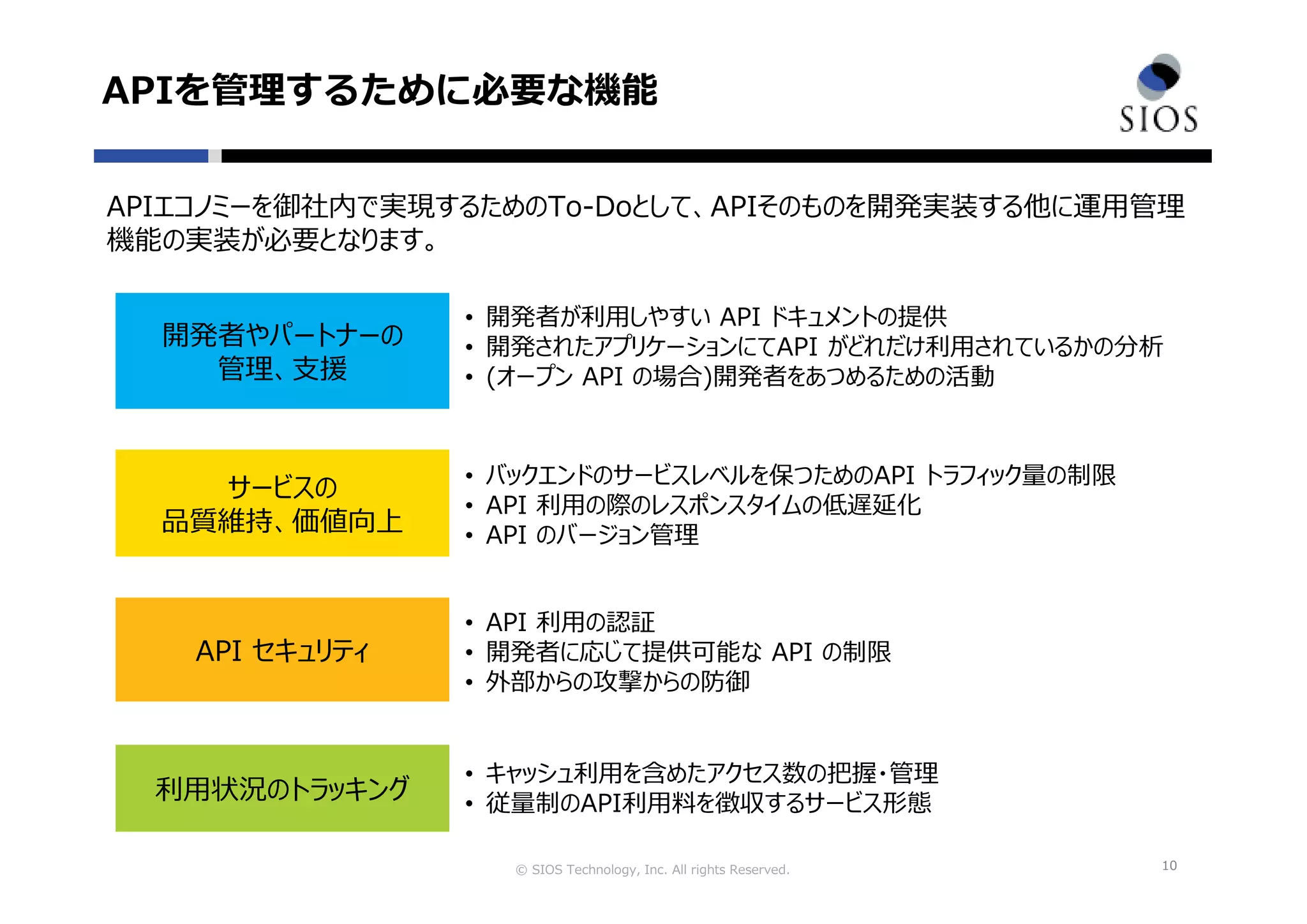 © SIOS Technology, Inc. All rights Reserved.
APIを管理するために必要な機能
10
APIエコノミーを御社内で実現するためのTo-Doとして、APIそのものを開発実装する他に運用管理
機能の実装が必要となります。
API セキュリティ
サービスの
品質維持、価値向上
• API 利用の認証
• 開発者に応じて提供可能な API の制限
• 外部からの攻撃からの防御
• バックエンドのサービスレベルを保つためのAPI トラフィック量の制限
• API 利用の際のレスポンスタイムの低遅延化
• API のバージョン管理
開発者やパートナーの
管理、支援
• 開発者が利用しやすい API ドキュメントの提供
• 開発されたアプリケーションにてAPI がどれだけ利用されているかの分析
• (オープン API の場合)開発者をあつめるための活動
利用状況のトラッキング
• キャッシュ利用を含めたアクセス数の把握・管理
• 従量制のAPI利用料を徴収するサービス形態
 