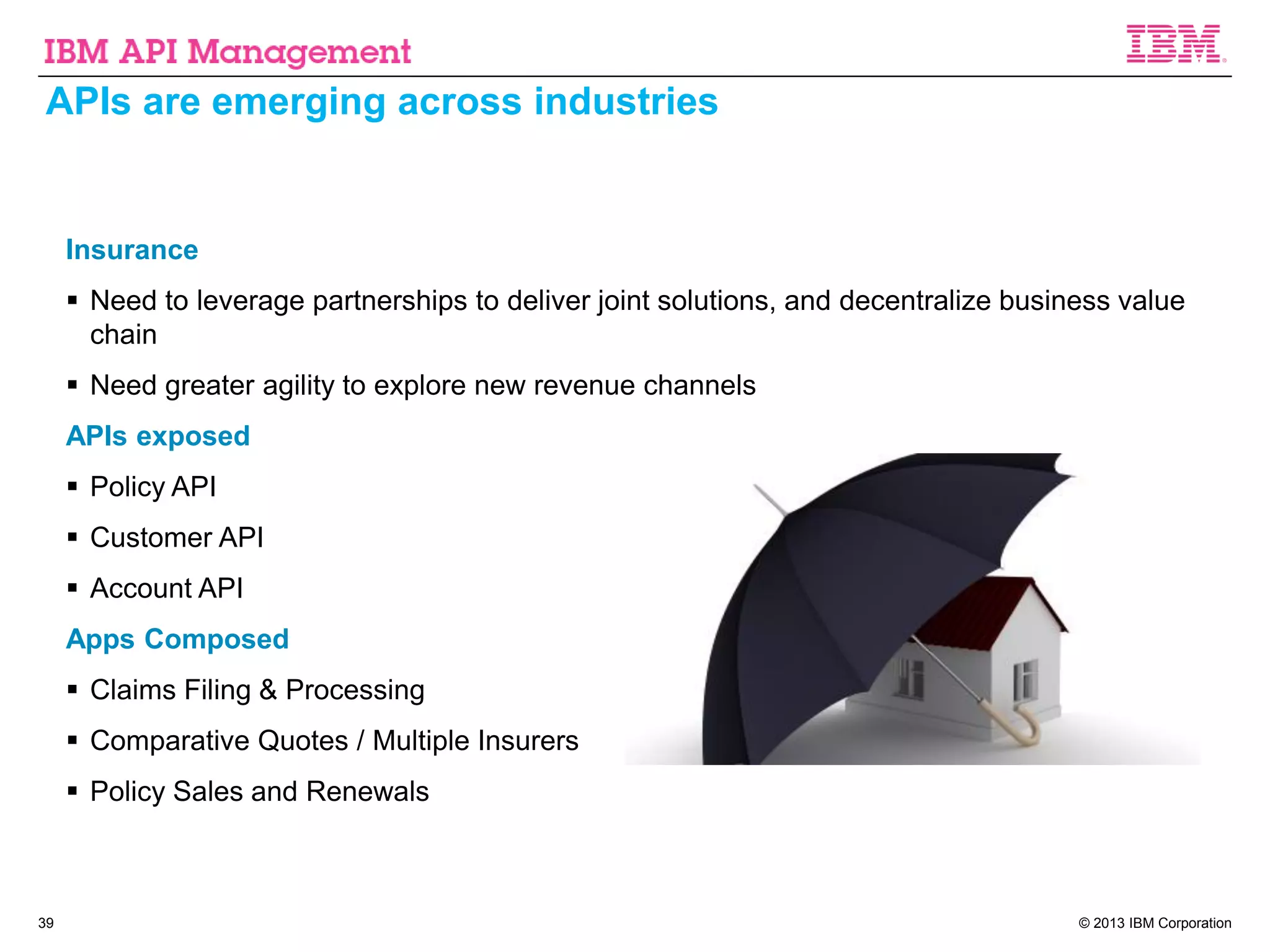 © 2013 IBM Corporation
Insurance
 Need to leverage partnerships to deliver joint solutions, and decentralize business value
chain
 Need greater agility to explore new revenue channels
APIs exposed
 Policy API
 Customer API
 Account API
Apps Composed
 Claims Filing & Processing
 Comparative Quotes / Multiple Insurers
 Policy Sales and Renewals
39
APIs are emerging across industries
 