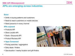© 2013 IBM Corporation40
APIs are emerging across industries
Retail
 Shifts in buying patterns and customers
 Need to reach customers on mobile devices
 Need presence in every channel
APIs exposed
 Products API
 Store Locator API
 Deals / Discounts API
 Product Reviews API
 Apps Composed
 Pricing searches / aggregators
 Daily deals / finders
 Geo-location / nearby location and gift finders
 