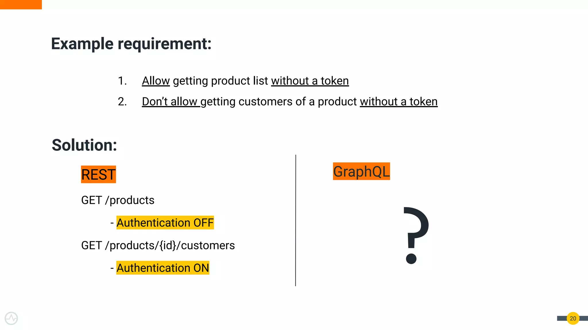 Solution:
REST
GET /products
- Authentication OFF
GET /products/{id}/customers
- Authentication ON
GraphQL
?
20
Example requirement:
1. Allow getting product list without a token
2. Don’t allow getting customers of a product without a token
 