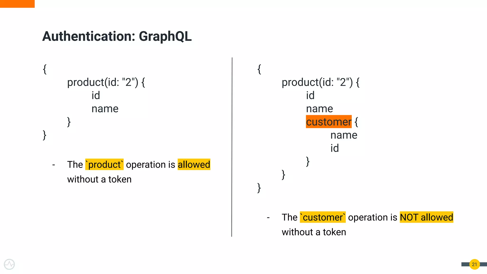 {
product(id: "2") {
id
name
}
}
- The `product` operation is allowed
without a token
Authentication: GraphQL
21
{
product(id: "2") {
id
name
customer {
name
id
}
}
}
- The `customer` operation is NOT allowed
without a token
 