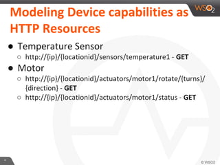 **
Modeling Device capabilities as
HTTP Resources
● Temperature Sensor
○ http://{ip}/{locationid}/sensors/temperature1 - GET
● Motor
○ http://{ip}/{locationid}/actuators/motor1/rotate/{turns}/
{direction} - GET
○ http://{ip}/{locationid}/actuators/motor1/status - GET
 
