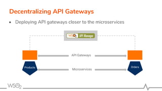 • Deploying API gateways closer to the microservices
Decentralizing API Gateways
API Gateways
Microservices
Products Orders
 