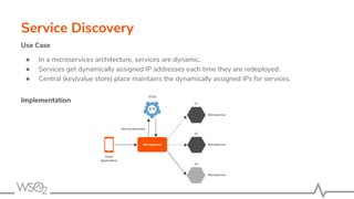 Service Discovery
Use Case
● In a microservices architecture, services are dynamic.
● Services get dynamically assigned IP addresses each time they are redeployed.
● Central (key/value store) place maintains the dynamically assigned IPs for services.
Implementation
 