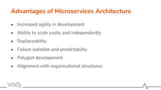● Increased agility in development
● Ability to scale easily and independently
● Replaceability
● Failure isolation and predictability
● Polyglot development
● Alignment with organisational structures
Advantages of Microservices Architecture
 
