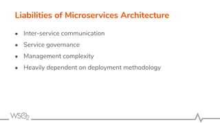 ● Inter-service communication
● Service governance
● Management complexity
● Heavily dependent on deployment methodology
Liabilities of Microservices Architecture
 