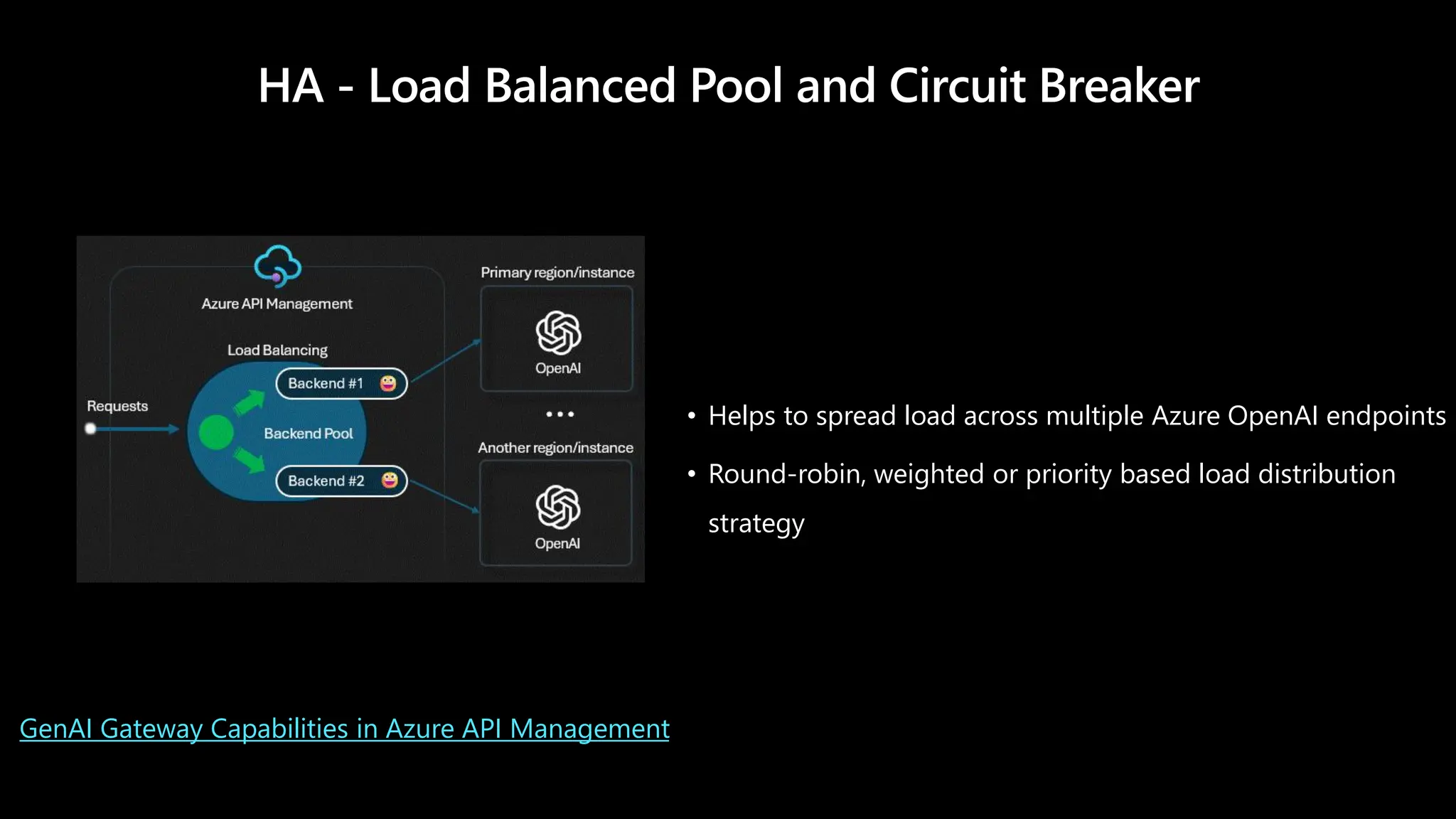 HA - Load Balanced Pool and Circuit Breaker
• Helps to spread load across multiple Azure OpenAI endpoints
• Round-robin, weighted or priority based load distribution
strategy
GenAI Gateway Capabilities in Azure API Management
 