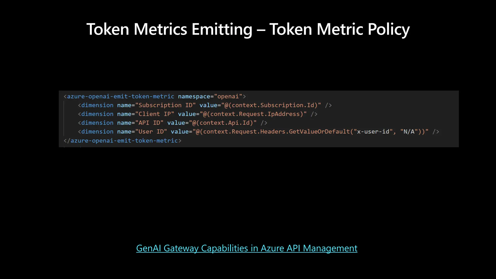 Token Metrics Emitting – Token Metric Policy
GenAI Gateway Capabilities in Azure API Management
 