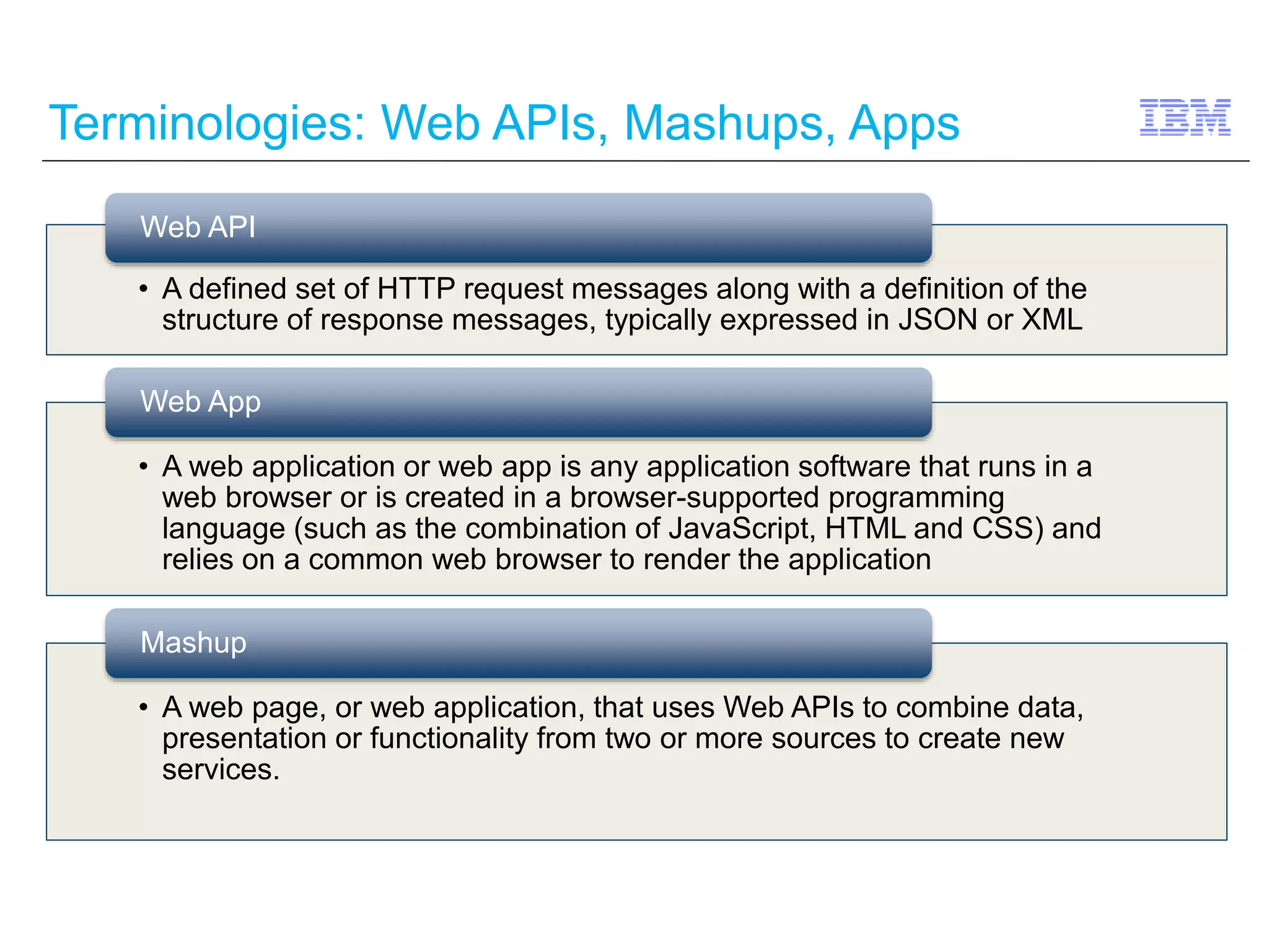 Terminologies: Web APIs, Mashups, Apps 
Web API 
• A defined set of HTTP request messages along with a definition of the 
structure of response messages, typically expressed in JSON or XML 
Web App 
• A web application or web app is any application software that runs in a 
web browser or is created in a browser-supported programming 
language (such as the combination of JavaScript, HTML and CSS) and 
relies on a common web browser to render the application 
Mashup 
• A web page, or web application, that uses Web APIs to combine data, 
presentation or functionality from two or more sources to create new 
services. 
 