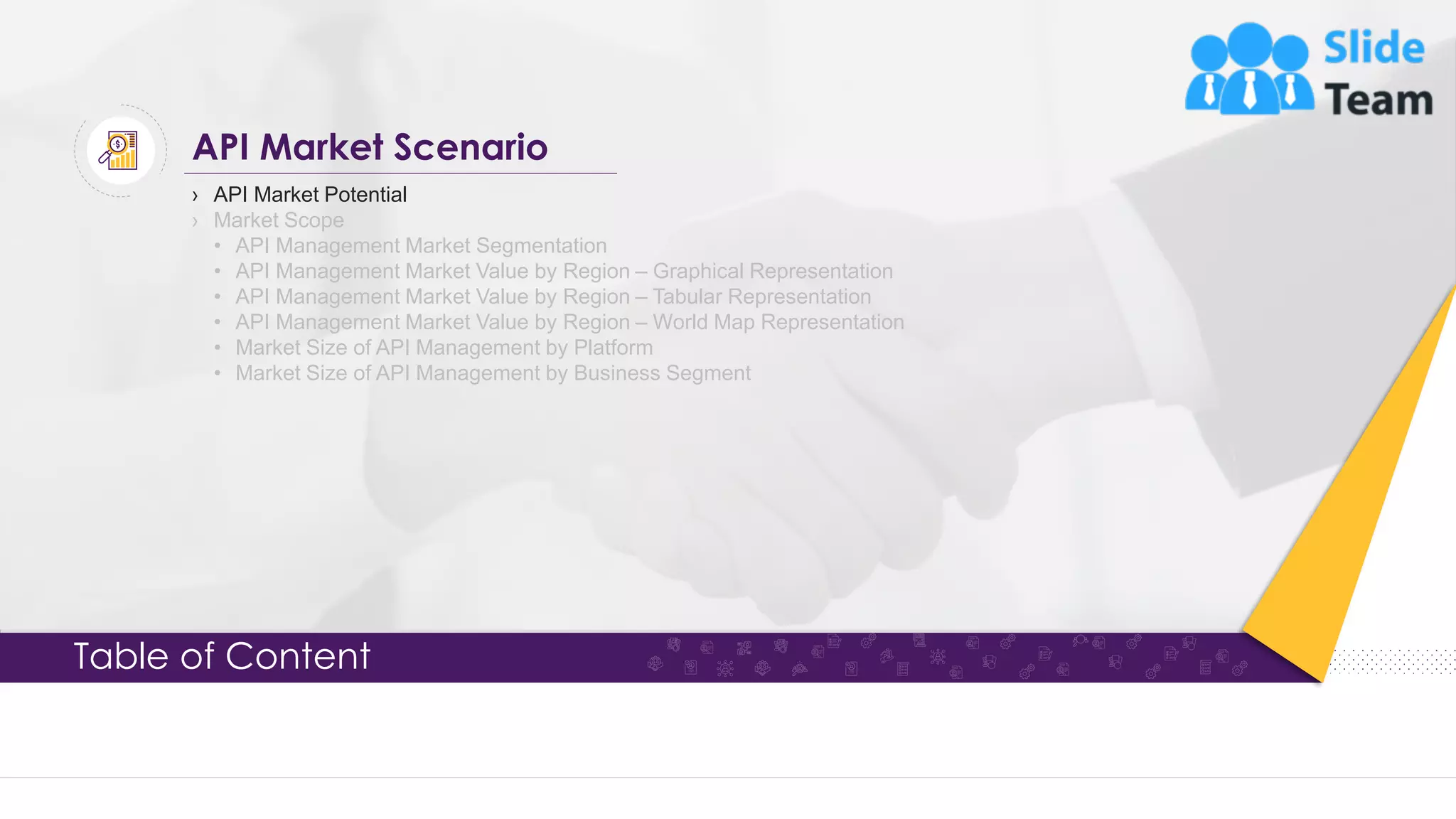 Table of Content › API Market Potential › Market Scope • API Management Market Segmentation • API Management Market Value by Region – Graphical Representation • API Management Market Value by Region – Tabular Representation • API Management Market Value by Region – World Map Representation • Market Size of API Management by Platform • Market Size of API Management by Business Segment API Market Scenario 10 