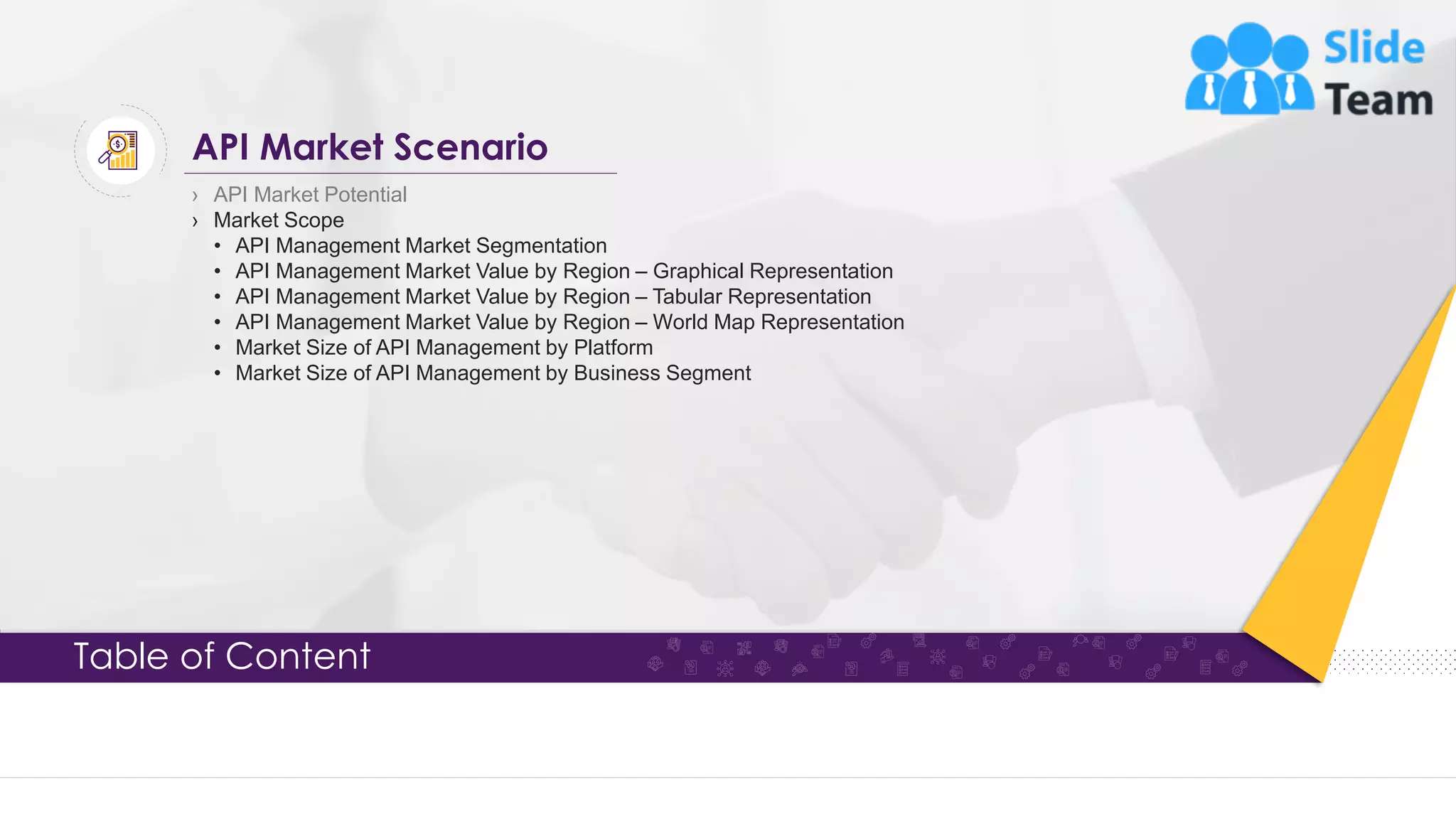 Table of Content › API Market Potential › Market Scope • API Management Market Segmentation • API Management Market Value by Region – Graphical Representation • API Management Market Value by Region – Tabular Representation • API Management Market Value by Region – World Map Representation • Market Size of API Management by Platform • Market Size of API Management by Business Segment API Market Scenario 12 