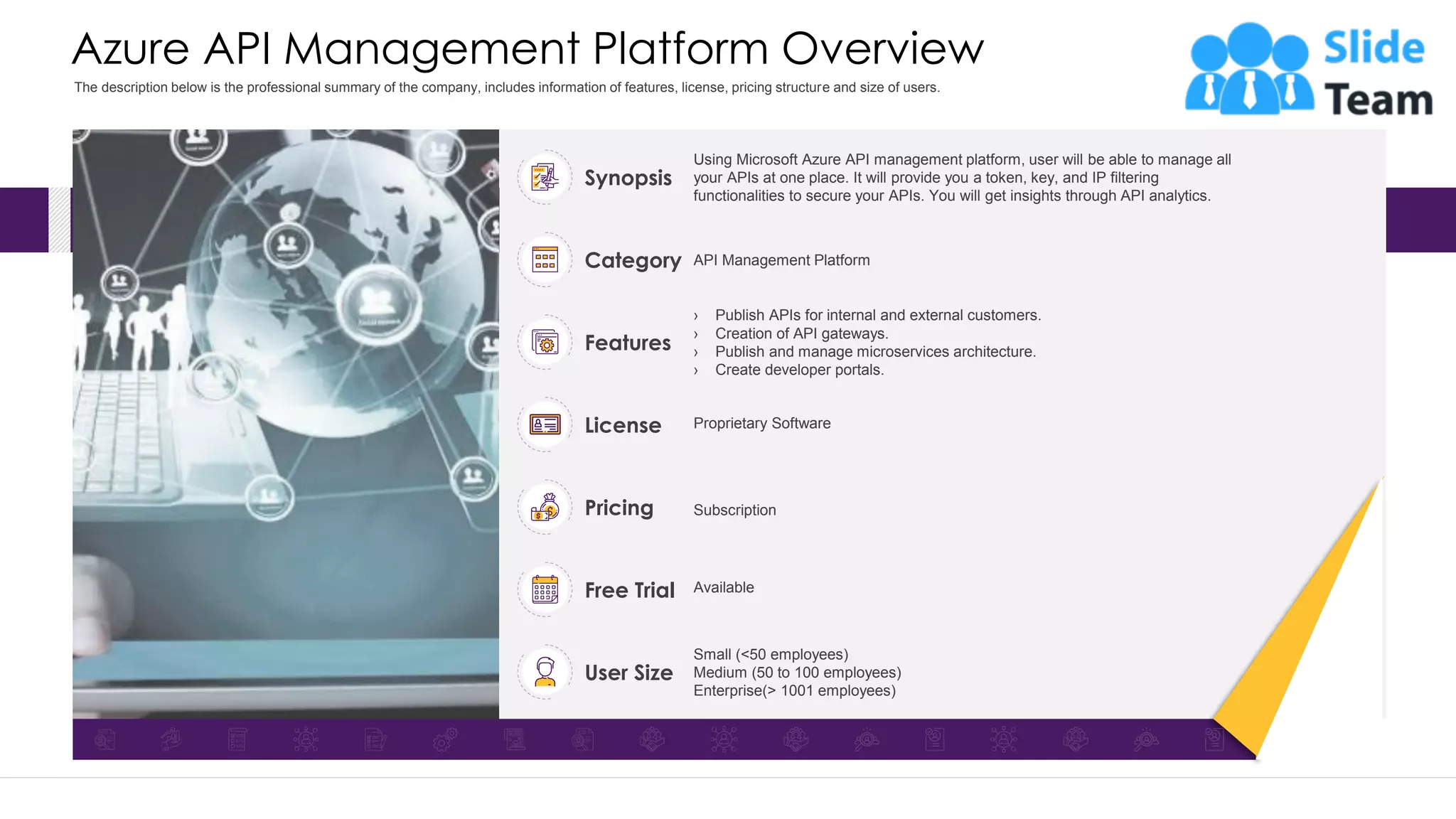 Azure API Management Platform Overview Using Microsoft Azure API management platform, user will be able to manage all your APIs at one place. It will provide you a token, key, and IP filtering functionalities to secure your APIs. You will get insights through API analytics. Synopsis API Management Platform Category › Publish APIs for internal and external customers. › Creation of API gateways. › Publish and manage microservices architecture. › Create developer portals. Features Subscription Pricing Small (<50 employees) Medium (50 to 100 employees) Enterprise(> 1001 employees) User Size Available Free Trial Proprietary Software License This slide is 100% editable. Adapt it to your needs and capture your audience's attention. The description below is the professional summary of the company, includes information of features, license, pricing structure and size of users. 30 