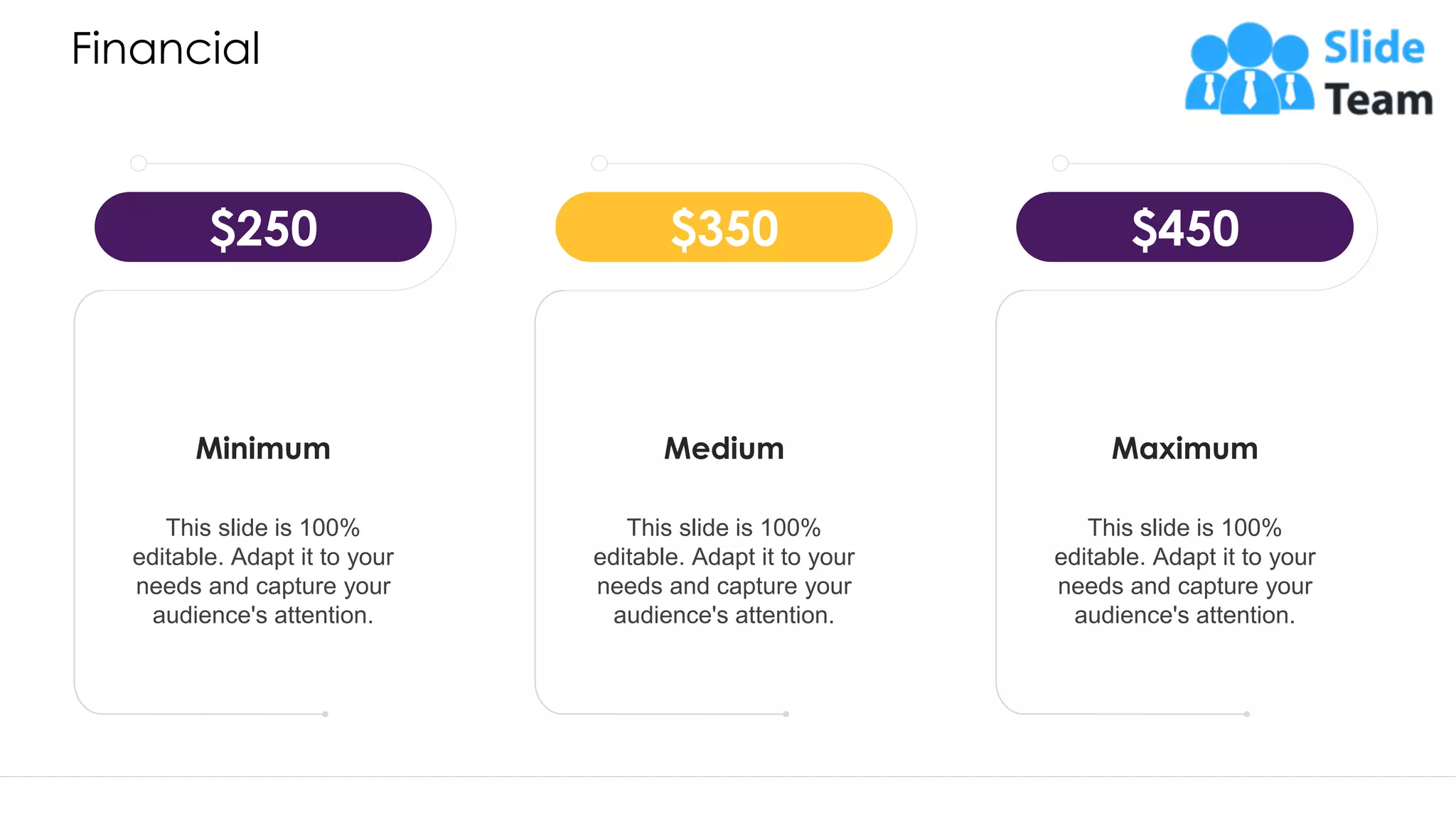 Financial This slide is 100% editable. Adapt it to your needs and capture your audience's attention. $250 Minimum This slide is 100% editable. Adapt it to your needs and capture your audience's attention. Medium $350 This slide is 100% editable. Adapt it to your needs and capture your audience's attention. Maximum $450 42 