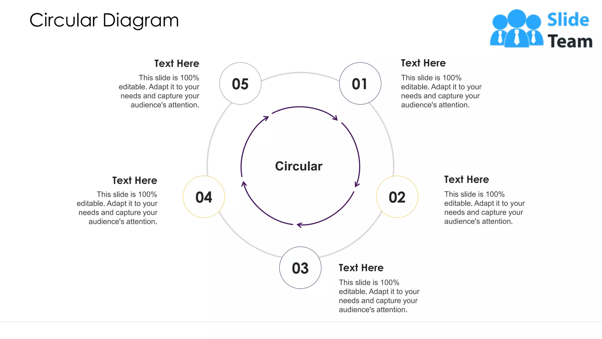 Circular Diagram Text Here This slide is 100% editable. Adapt it to your needs and capture your audience's attention. Text Here This slide is 100% editable. Adapt it to your needs and capture your audience's attention. Text Here This slide is 100% editable. Adapt it to your needs and capture your audience's attention. Text Here This slide is 100% editable. Adapt it to your needs and capture your audience's attention. Text Here This slide is 100% editable. Adapt it to your needs and capture your audience's attention. Circular 01 02 03 04 05 48 