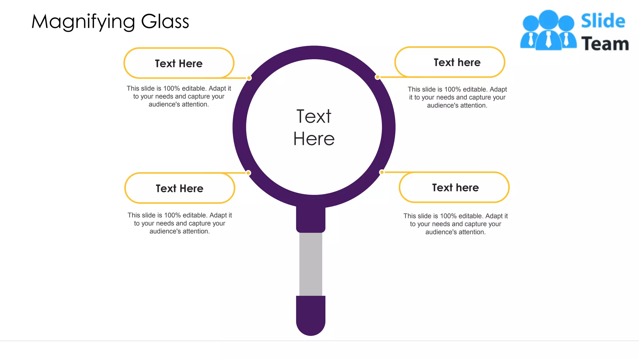 Magnifying Glass Text Here This slide is 100% editable. Adapt it to your needs and capture your audience's attention. Text here This slide is 100% editable. Adapt it to your needs and capture your audience's attention. Text here This slide is 100% editable. Adapt it to your needs and capture your audience's attention. Text Here This slide is 100% editable. Adapt it to your needs and capture your audience's attention. Text Here 51 