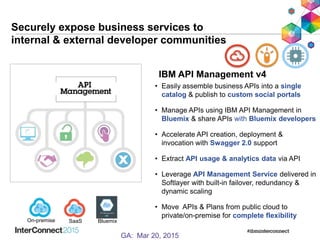 IBM Interconnect 201514
Securely expose business services to
internal & external developer communities
• Easily assemble business APIs into a single
catalog & publish to custom social portals
• Manage APIs using IBM API Management in
Bluemix & share APIs with Bluemix developers
• Accelerate API creation, deployment &
invocation with Swagger 2.0 support
• Extract API usage & analytics data via API
• Leverage API Management Service delivered in
Softlayer with built-in failover, redundancy &
dynamic scaling
• Move APIs & Plans from public cloud to
private/on-premise for complete flexibility
IBM API Management v4
On-premise SaaS Bluemix
GA: Mar 20, 2015
 