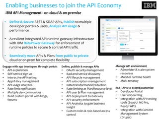 Enabling businesses to join the API Economy
IBM API Management - on-cloud & on-premise
Engage with app developers through portals
• API exploration
• Self-service sign up
• Interactive API testing
• App & Key management
• API usage analytics
• Rate limit notification
• Multiple dev communities
• Build custom portal with blogs,
forums
• Define & Secure REST & SOAP APIs, Publish to multiple
developer portals & users, Analyze API usage &
performance
• A resilient integrated API runtime gateway infrastructure
with IBM DataPower Gateway for enforcement of
runtime policies to secure & control API traffic
• Seamlessly move APIs & Plans from public to private
cloud or on-prem for complete flexibility
Define, publish & manage APIs
• OAuth security management
• Backend service discovery
• API lifecycle management
• API subscription management
• Data transformation/redaction
• Rate limiting at Plan/Resource level
• API user & Plan management
• API deployment to Gateway
• API security enforcement
• API Analytics to gain business
insight
• Custom roles & role-based access
control
Manage API environment
• Administer & scale system
resources
• Monitor runtime health
• Multi-tenancy
REST APIs to extend/customize
• Developer Portal
• User onboarding
• Integration with API testing
tools (SoapUI NG Pro,
Ready! API)
• Integration with Content
Management System
(Drupal)
 